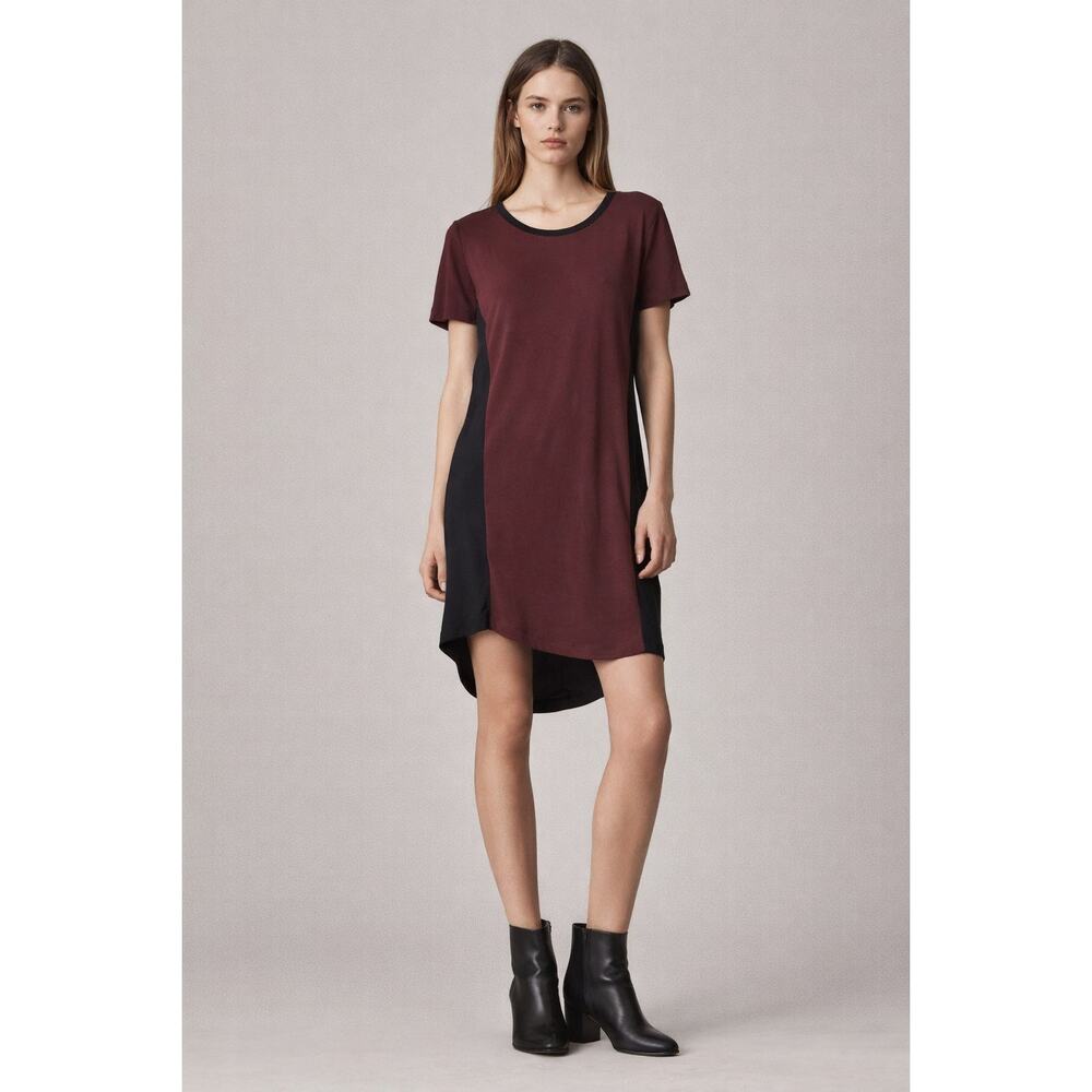 AllSaints Spitalfields Burgundy Black Silk‎ Modal Colorblock Shift Dress Size 8